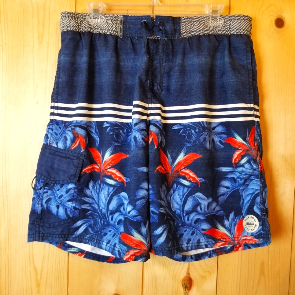 Ron Jon Surf Shop Hawaiian Floral Mesh Lined Drawstring Waist Swim Trunks